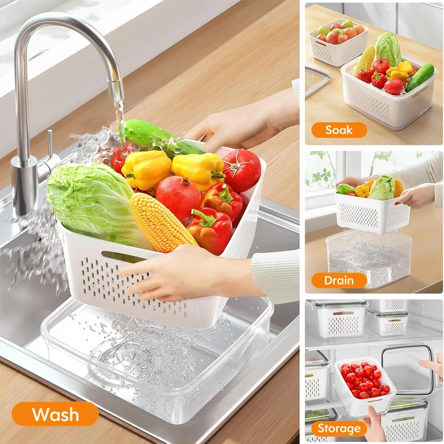 🔥🥗 5 Pack Stackable Fridge Organizers with Removable Colander & Keep Food Fresh ✨