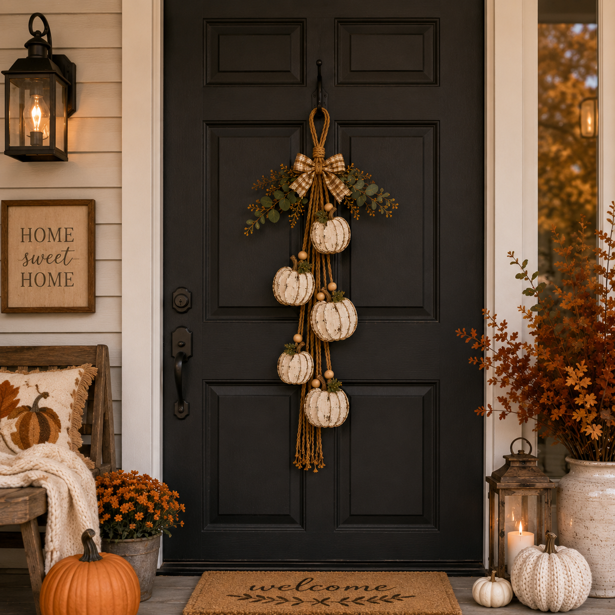 🔥Last Day 50% OFF -🎃 Rustic White Pumpkin Hanging Swag – 5-Pumpkin Fall Door & Wall Decoration for Farmhouse Autumn Decor