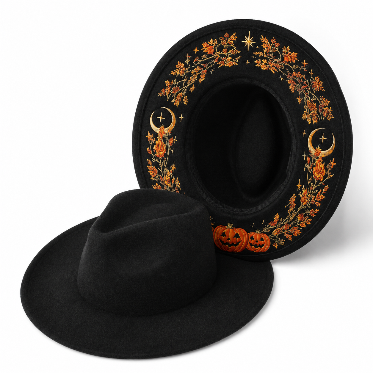🌙 Embroidered Underbrim Wide-Brim Felt Hat – Gothic Mystic Art ✨