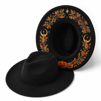 🌙 Embroidered Underbrim Wide-Brim Felt Hat – Gothic Mystic Art ✨