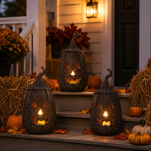 Rustic Wicker Pumpkin Candle Holder - Handwoven Jack-O’-Lantern Halloween Porch Decor