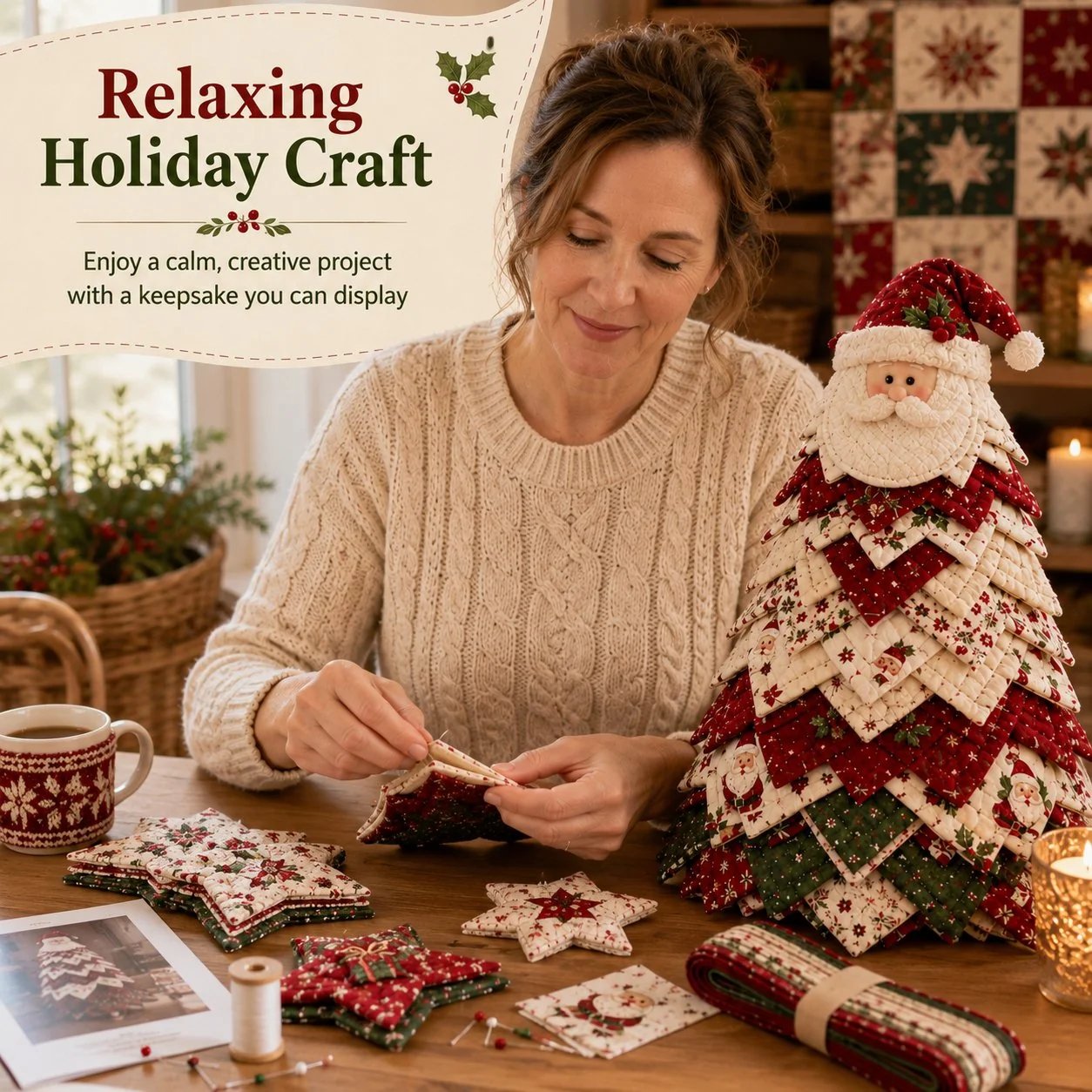 🔥LAST DAY 50% OFF - 🎄DIY Quilted Santa Christmas Tree Kit – Handmade Fabric Holiday Tabletop Tree Decor