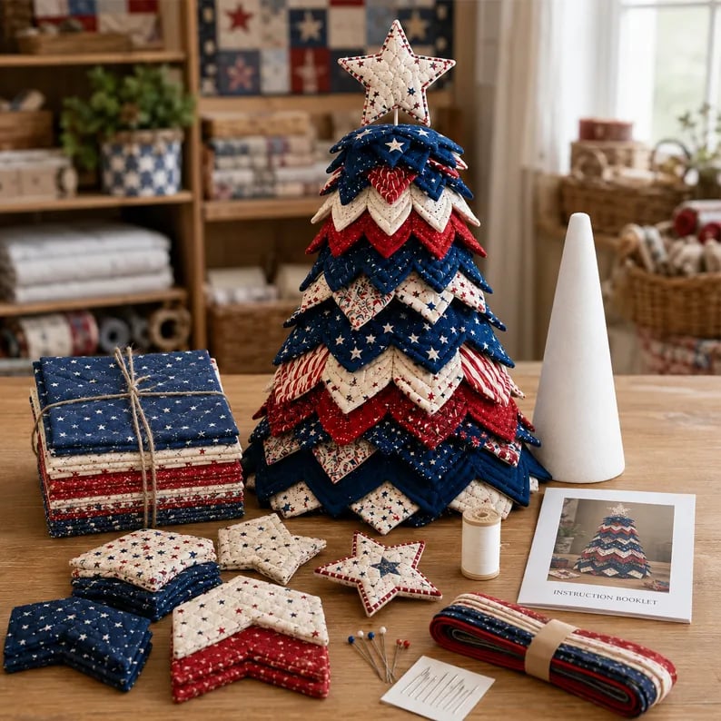 💥 LAST DAY 49% OFF - Americana Christmas Tree Quilt Kit – Easy Layered Fabric Holiday Décor for Quilting Lovers