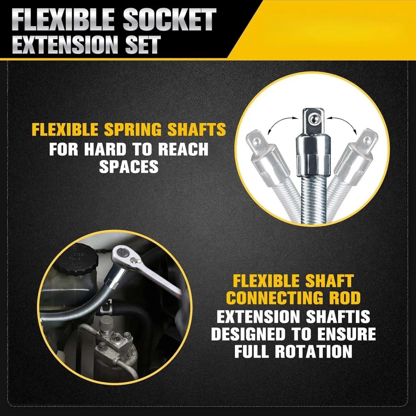 Flexible Socket Extension Bar Set – Bendable Ratchet Wrench Extensions for Tight Spaces, Carbon steel Automotive Repair Tool Kit