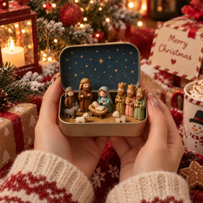 Religious Pocket-Size Mini Nativity Scene Set with Storage Box