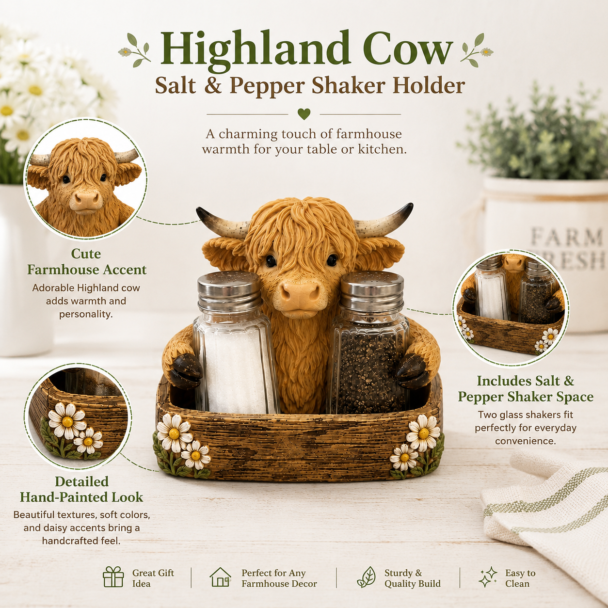 🐮 Cute Highland Cow Farmhouse Décor – Rustic Country Home Accent for Living Room, Kitchen & Entryway
