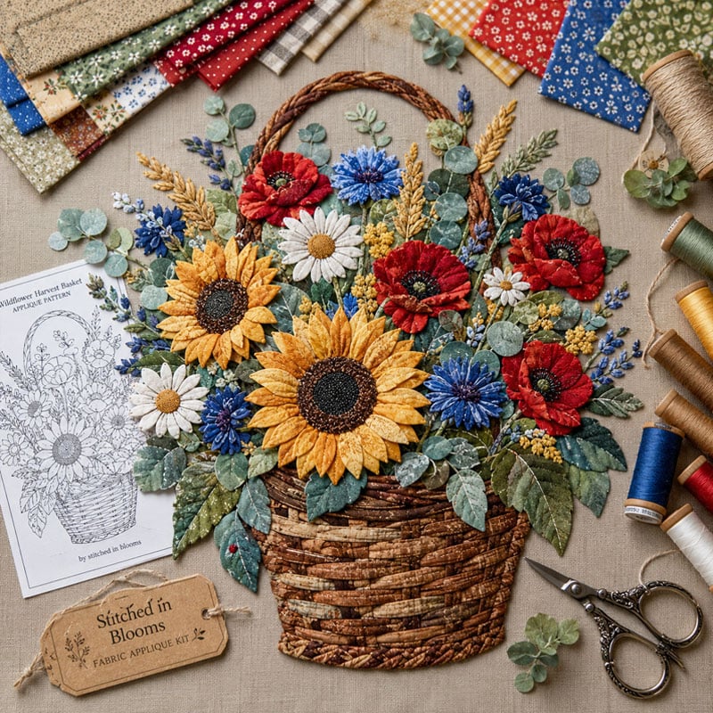 🌸Floral Basket Patchwork DIY Kit | 3D Layered Fabric Flower Art Craft for Home Decor & Gifts