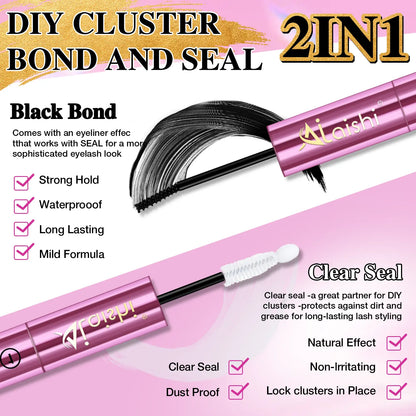 AlLAlSHI 2-in-1 Bond & Seal Cosmetic Eyelash Adhesive, Black/White Waterproof Gentle Lightweight Long-Lasting Strong Hold Glue for Individual Cluster Lashes, DIY Eyelash Extensions Beauty Product for Self-Application