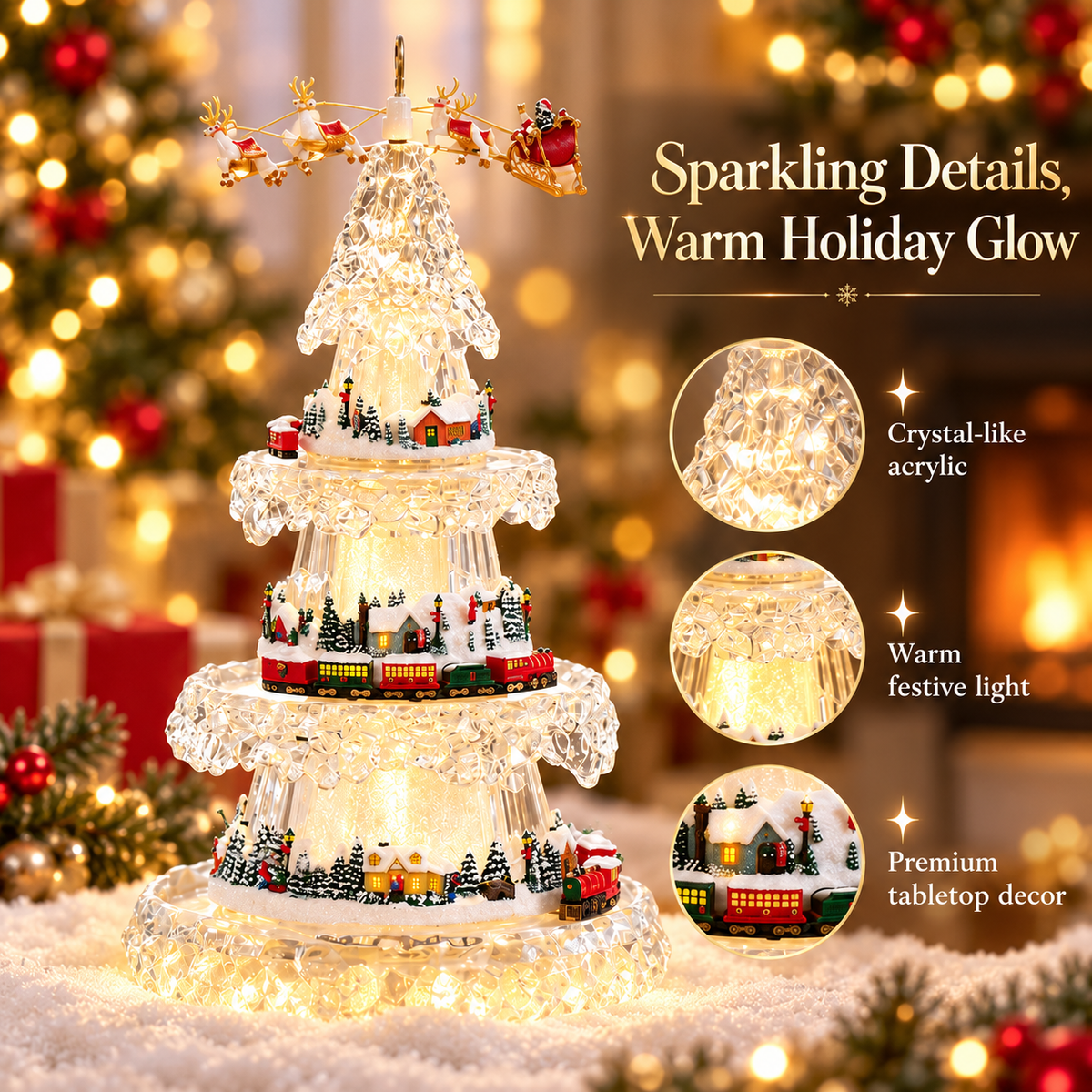 🎄Musical Christmas Tree with Animated Train – Light-Up Acrylic Holiday Village Tabletop Decoration