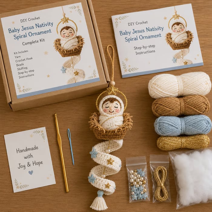 🙏 Handcrafted Crochet Blessed Mother Devotional Spiral Hanging Ornament | Soft Textured Yarn, Plush Filling, Decorative Beads, Golden Cross & Floral Tassel Details 💙✨