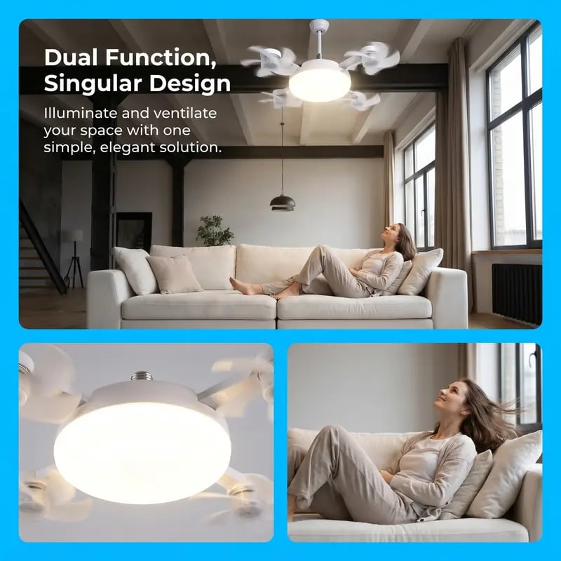 2026 New E27 Socket Ceiling Fan Light - 2-in-1 Silent LED Fan with Remote Control