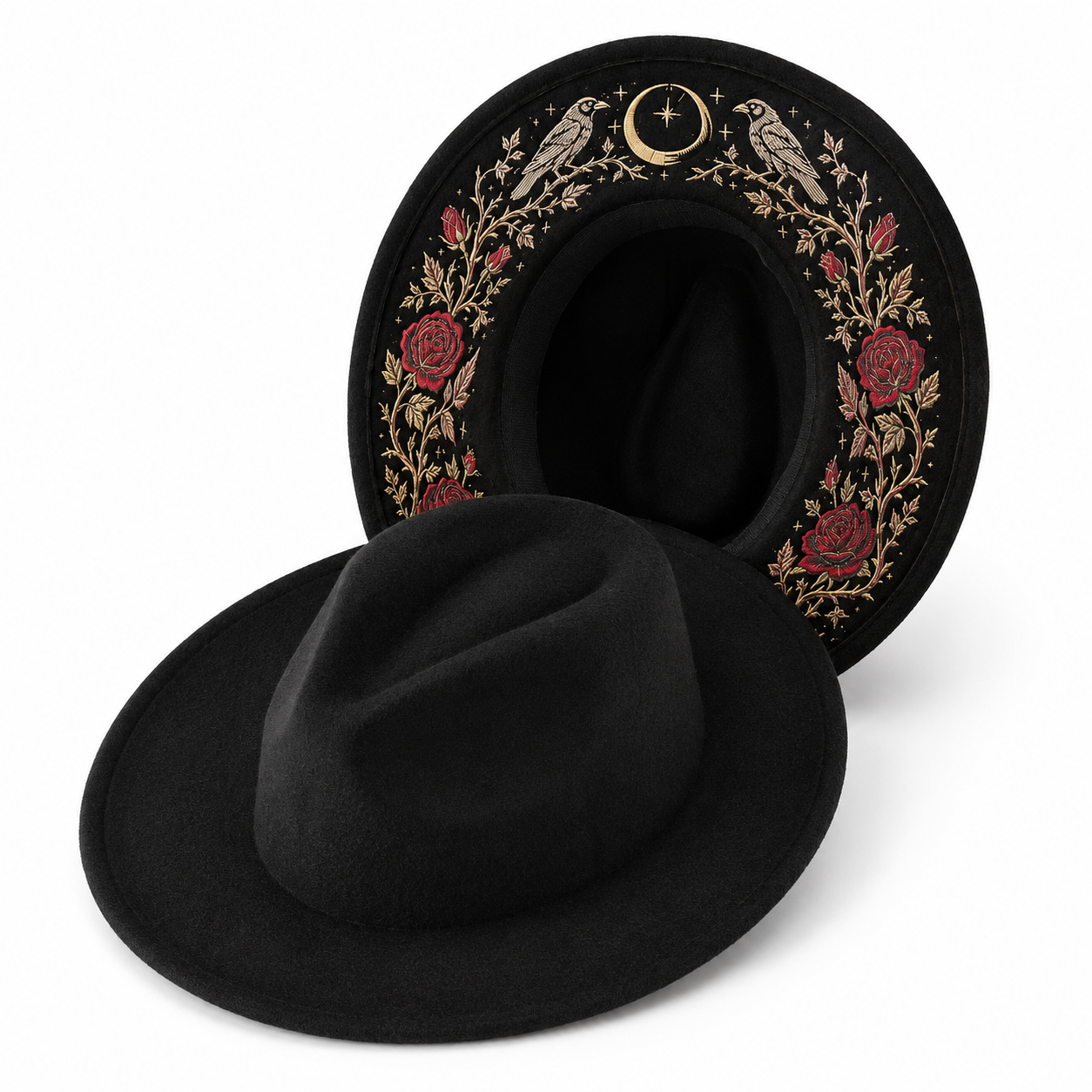 🌙 Embroidered Underbrim Wide-Brim Felt Hat – Gothic Mystic Art ✨