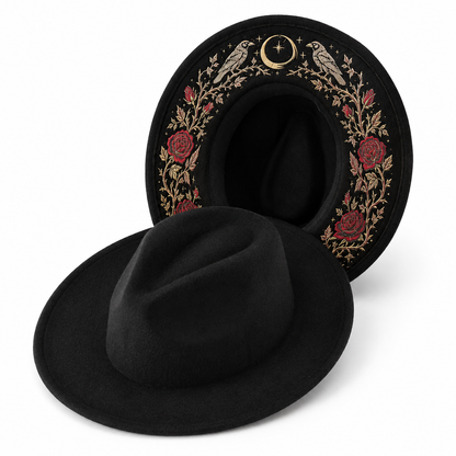 🌙 Embroidered Underbrim Wide-Brim Felt Hat – Gothic Mystic Art ✨