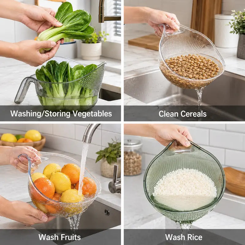 🍚🥣✨ Multipurpose Rice Strainer Bowl with Handle – Easy-Drain Kitchen Colander 💧👩‍🍳🥕🥦