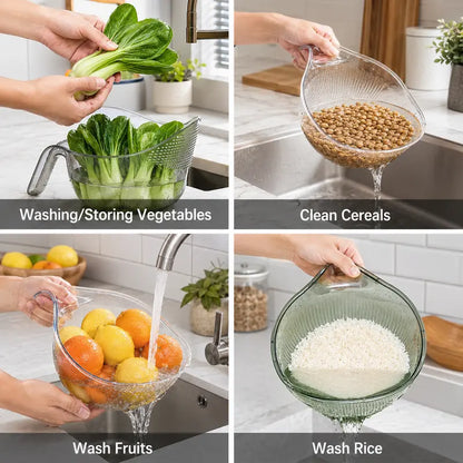 🍚🥣✨ Multipurpose Rice Strainer Bowl with Handle – Easy-Drain Kitchen Colander 💧👩‍🍳🥕🥦