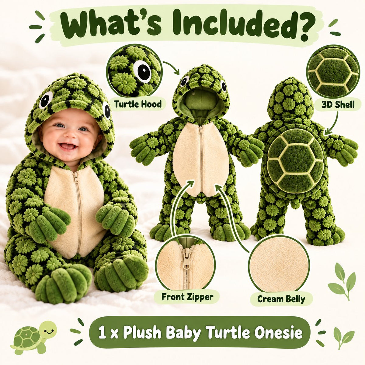 Little Turtle Plush 3D Shell Baby Onesie 🐢