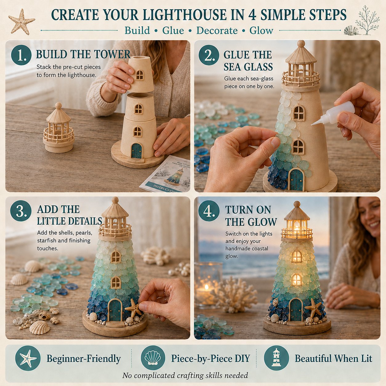 🌊 DIY Lighted Sea Glass Lighthouse Kit – Beginner-Friendly Coastal Craft with LED Lights 💕