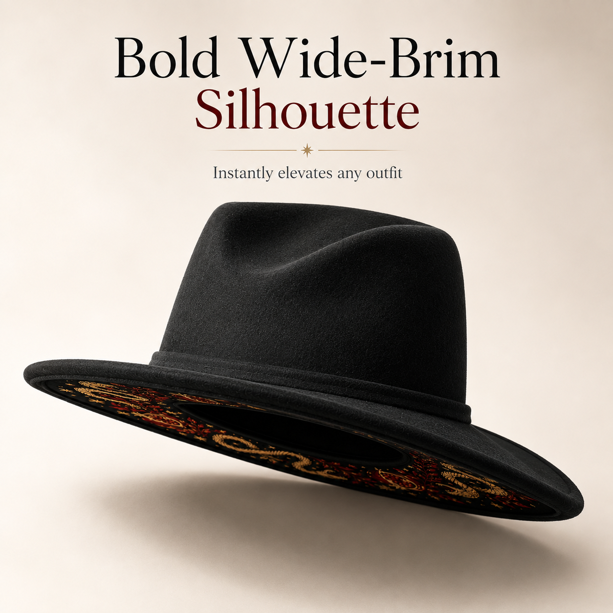 🌙 Embroidered Underbrim Wide-Brim Felt Hat – Gothic Mystic Art ✨