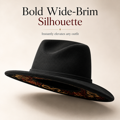 🌙 Embroidered Underbrim Wide-Brim Felt Hat – Gothic Mystic Art ✨