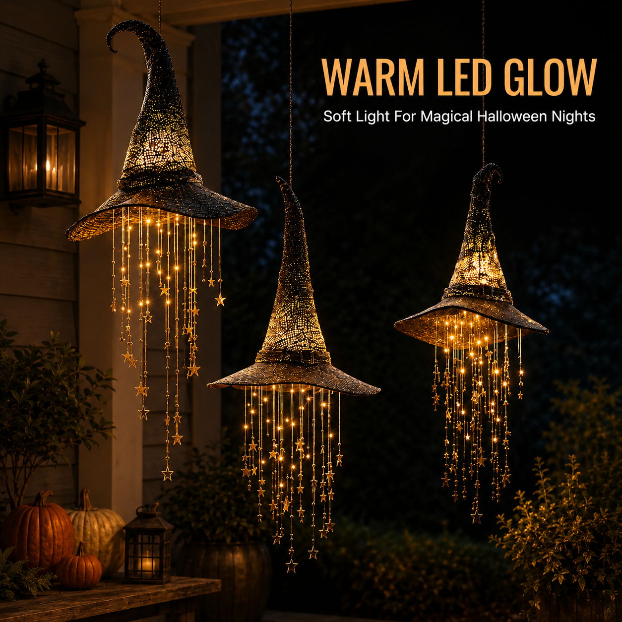 🧙‍♀️ Lighted Witch Hat Hanging Chime ✨ Battery-Powered Halloween Décor with Remote Control