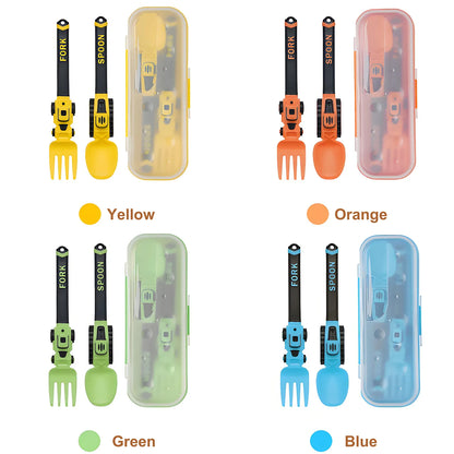 Construction Vehicle Kids Utensil Set 🚜 | 3-Piece Feeding Set with Spoon, Fork & Storage Case | Soft Grip | Dishwasher Safe | Perfect for Travel & Home | Gift Set Utensils