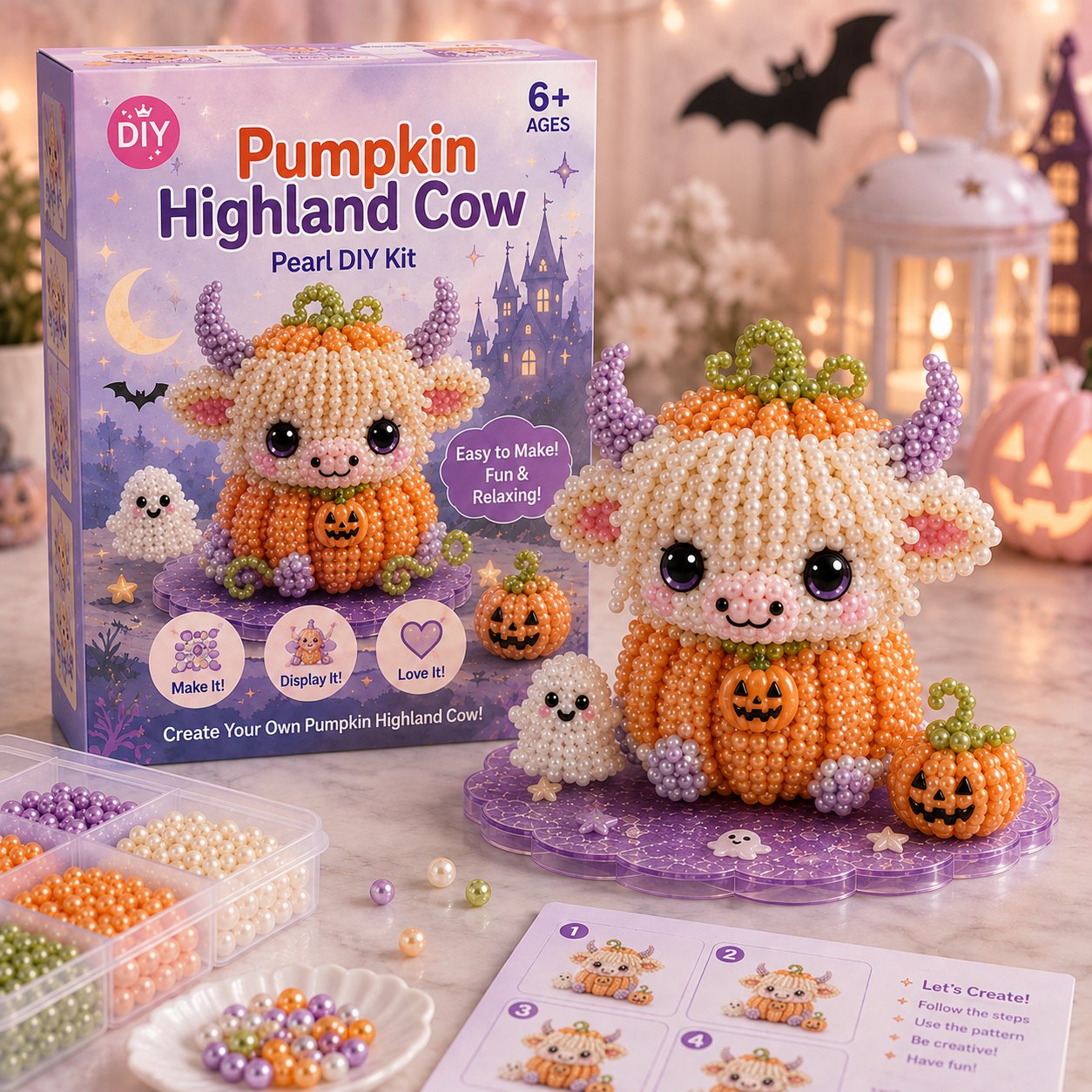 ⏳ Last Day 49% OFF – 🎃 Beginner-Friendly Halloween Highland Cow 3D Pearl Bead DIY Kit | Complete Kit with All Tools & Step-by-Step Guide Included 💕
