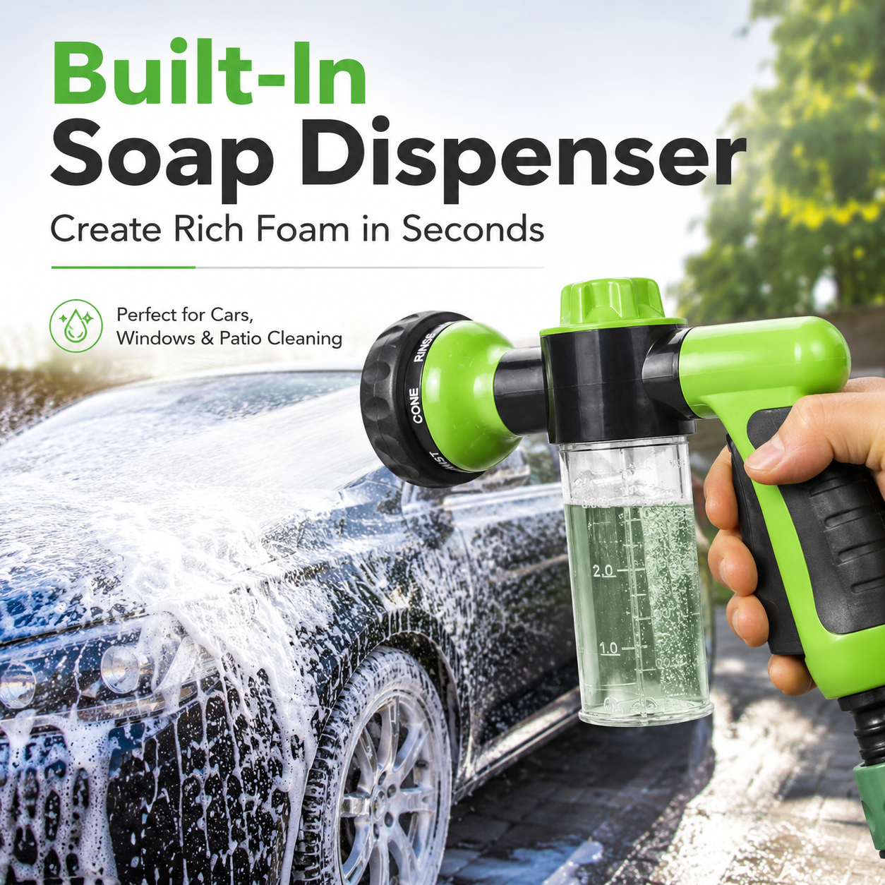 🔥 2-in-1 Foam Spray Nozzle – 8-Pattern Garden Hose Sprayer with Soap Dispenser