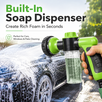 🔥 2-in-1 Foam Spray Nozzle – 8-Pattern Garden Hose Sprayer with Soap Dispenser