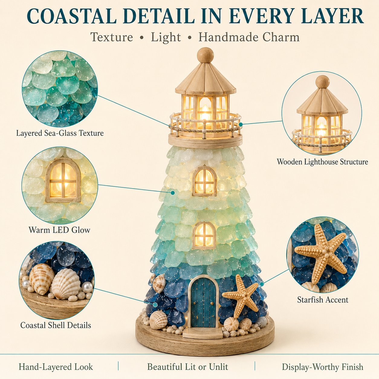 🌊 DIY Lighted Sea Glass Lighthouse Kit – Beginner-Friendly Coastal Craft with LED Lights 💕