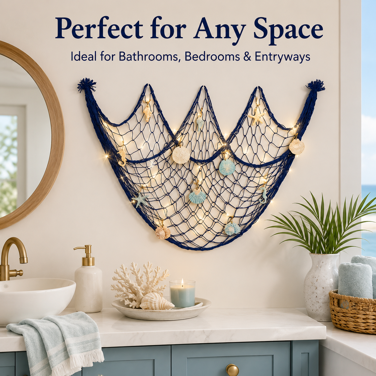 🌊✨ Coastal Fishing Net Wall Hanging with Fairy Lights