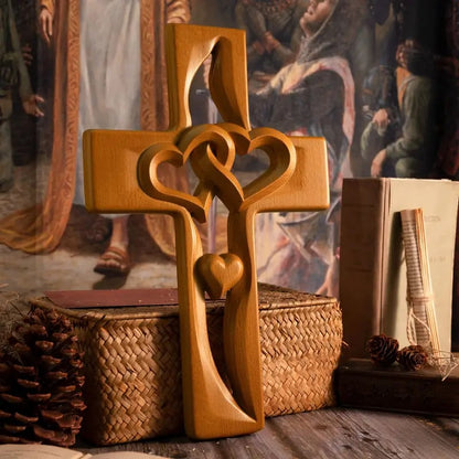 🔥 Last Day 49% OFF – Hand-Carved Intertwined Hearts Wooden Cross ❤️ Perfect Wedding & Anniversary Gift ✝️💞