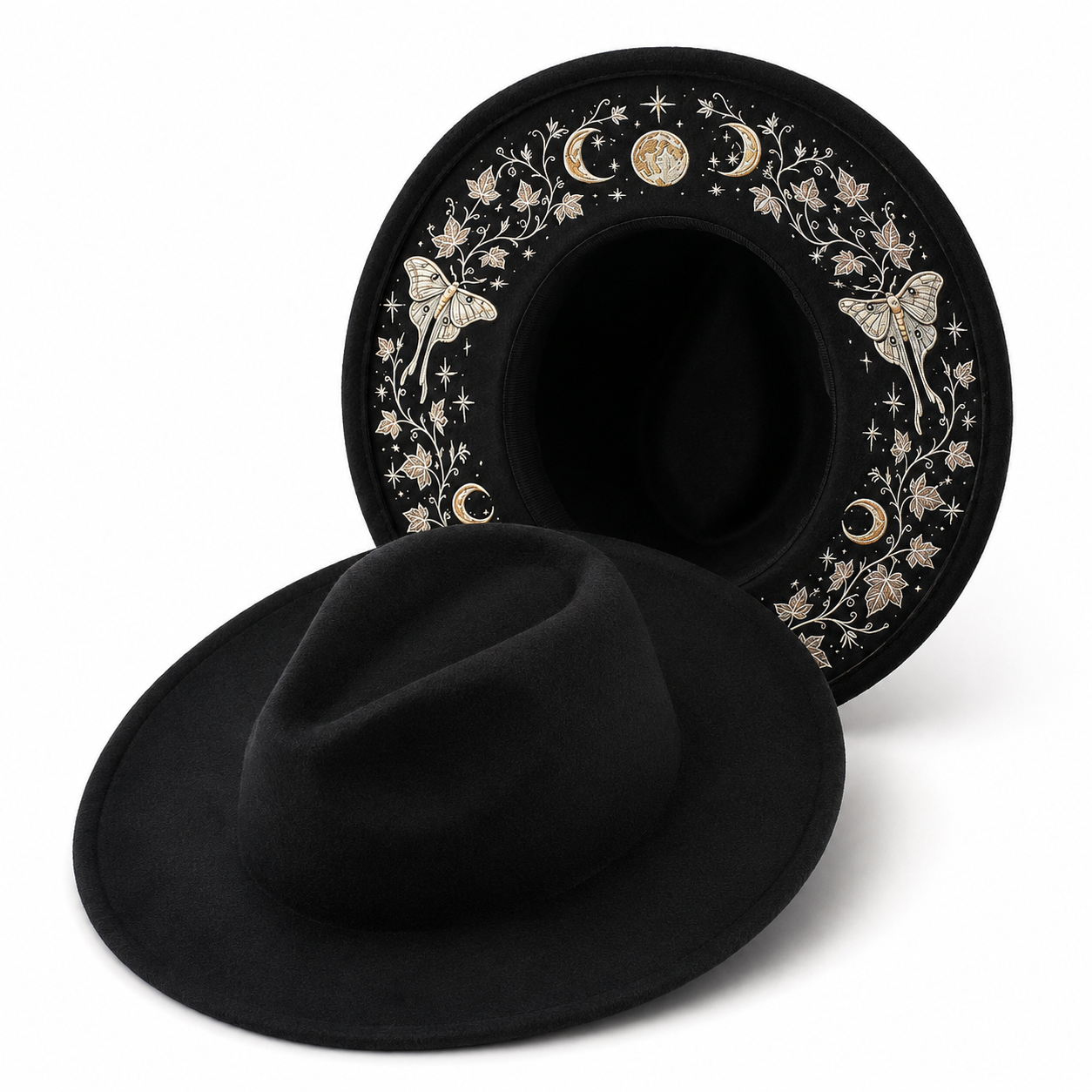 🌙 Embroidered Underbrim Wide-Brim Felt Hat – Gothic Mystic Art ✨