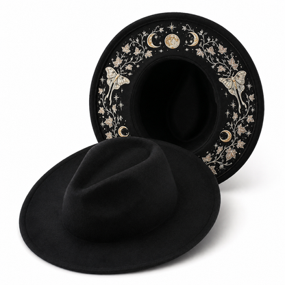 🌙 Embroidered Underbrim Wide-Brim Felt Hat – Gothic Mystic Art ✨