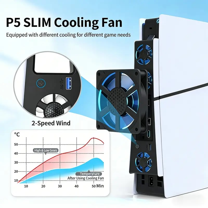 PS5 Slim Cooling Fan with LED‐Light | Plug‐Play External Cooler