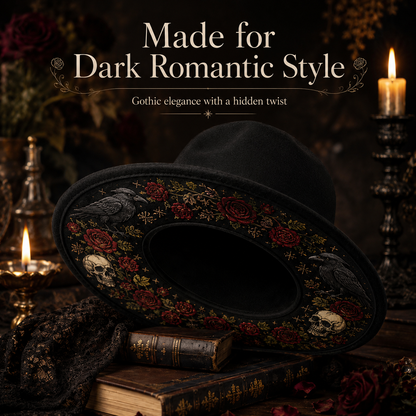 🌙 Embroidered Underbrim Wide-Brim Felt Hat – Gothic Mystic Art ✨