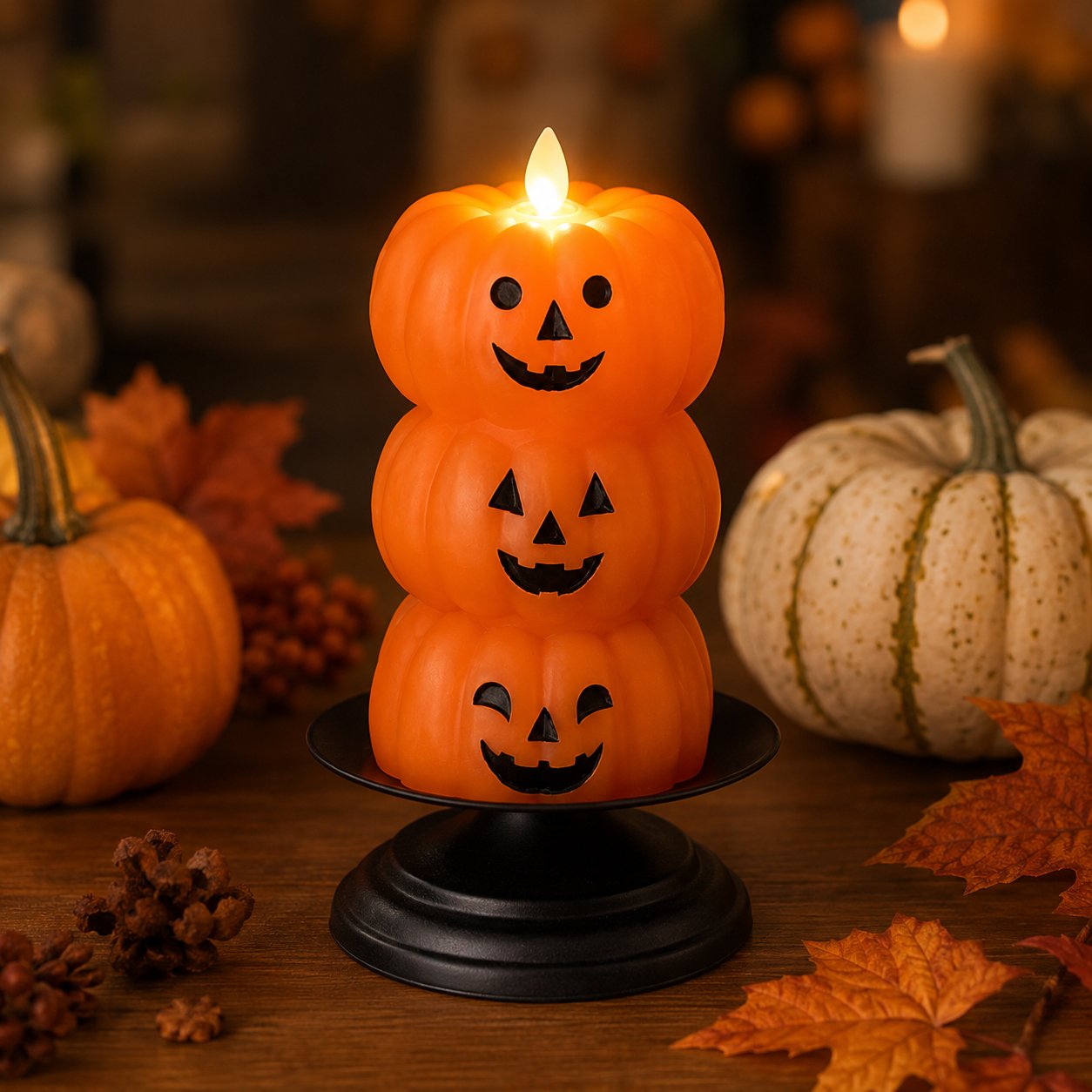 Three Tiered Halloween Pumpkin Flameless Candle Centerpiece