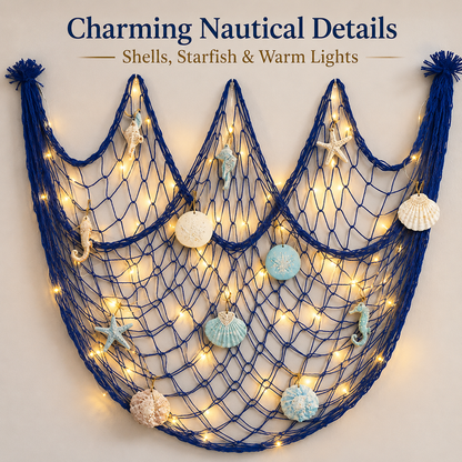 🌊✨ Coastal Fishing Net Wall Hanging with Fairy Lights