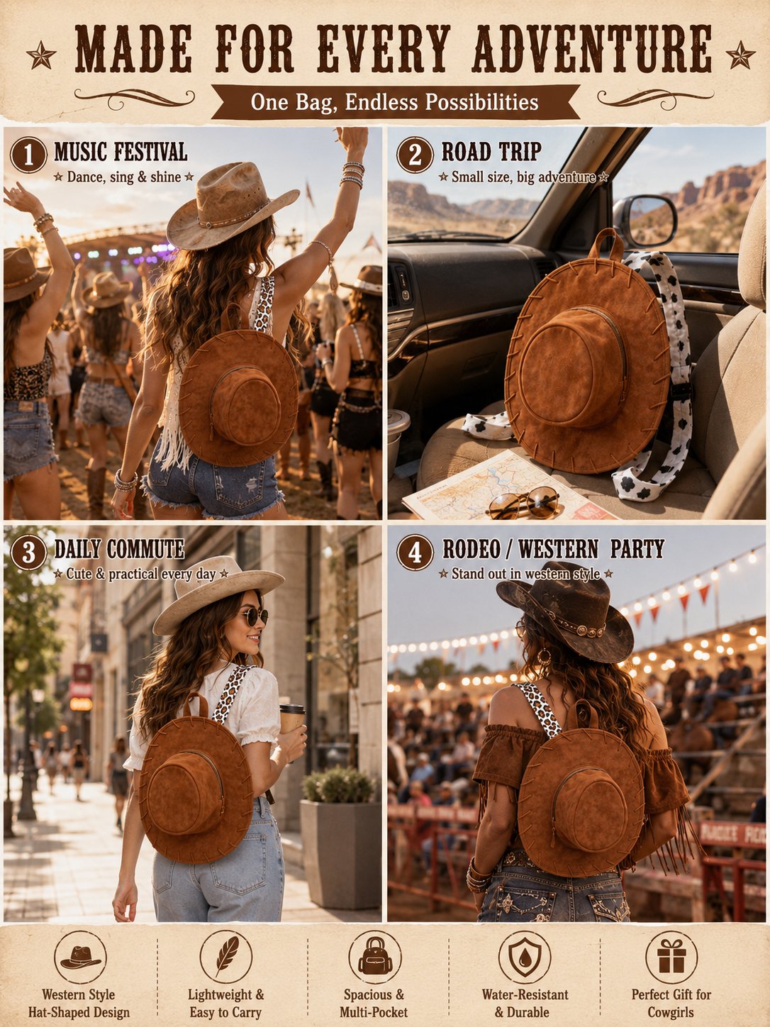 💥🏆Cowgirl Hat Backpack – Western Style Mini Backpack for Travel & Everyday Use