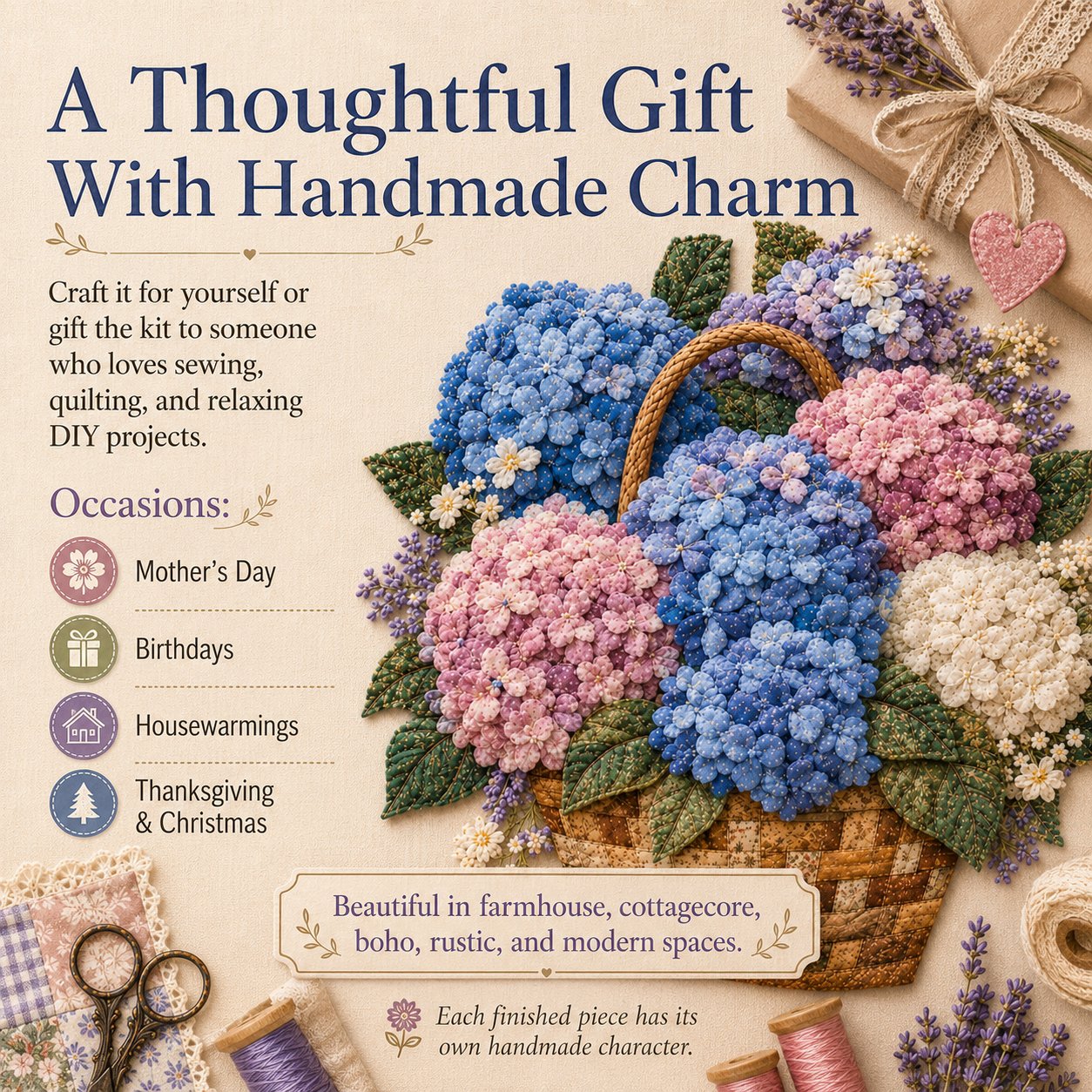🌸Floral Basket Patchwork DIY Kit | 3D Layered Fabric Flower Art Craft for Home Decor & Gifts