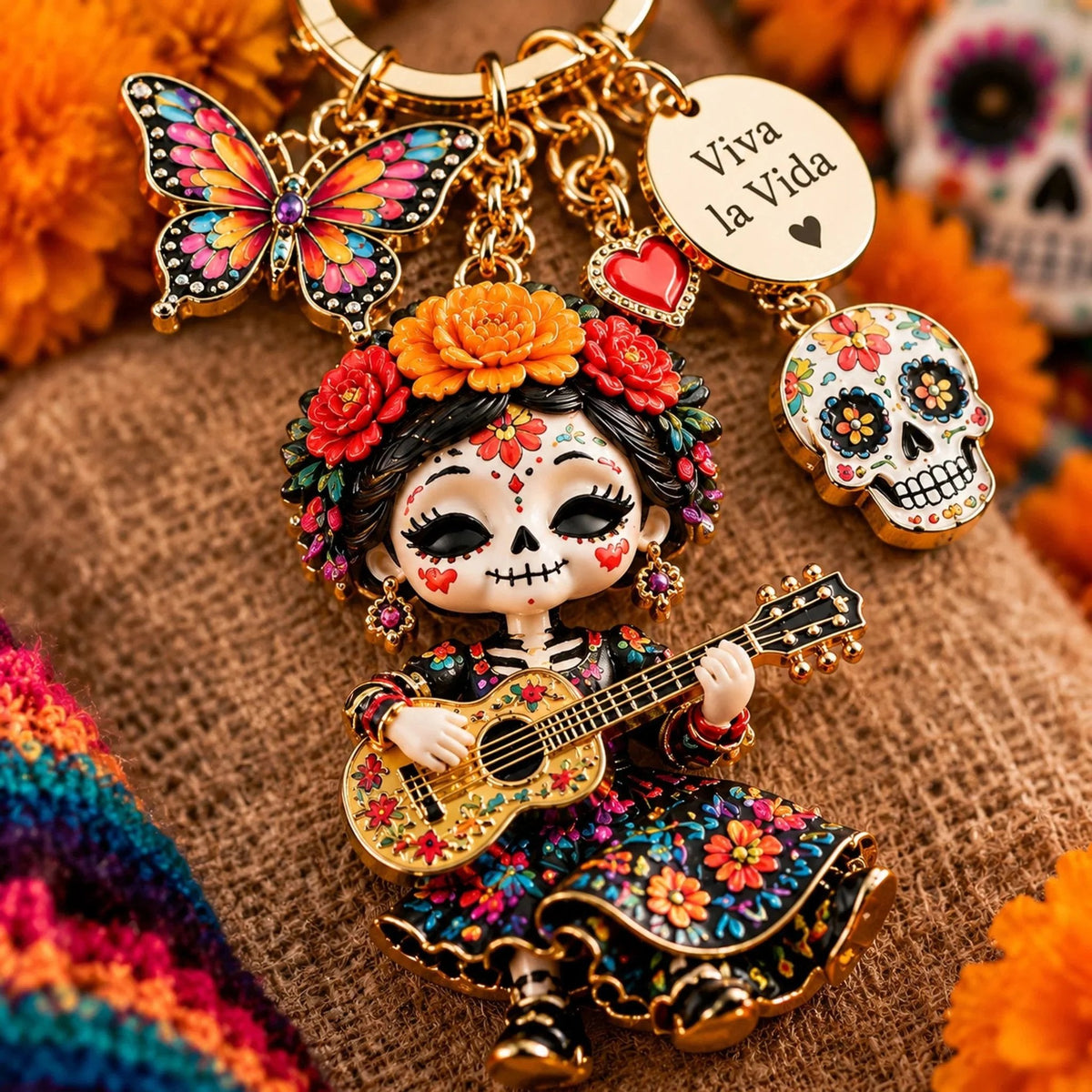 🌼 Día de Muertos Charm Keychain | 4 Colorful Floral & Skull-Inspired Styles 🎁