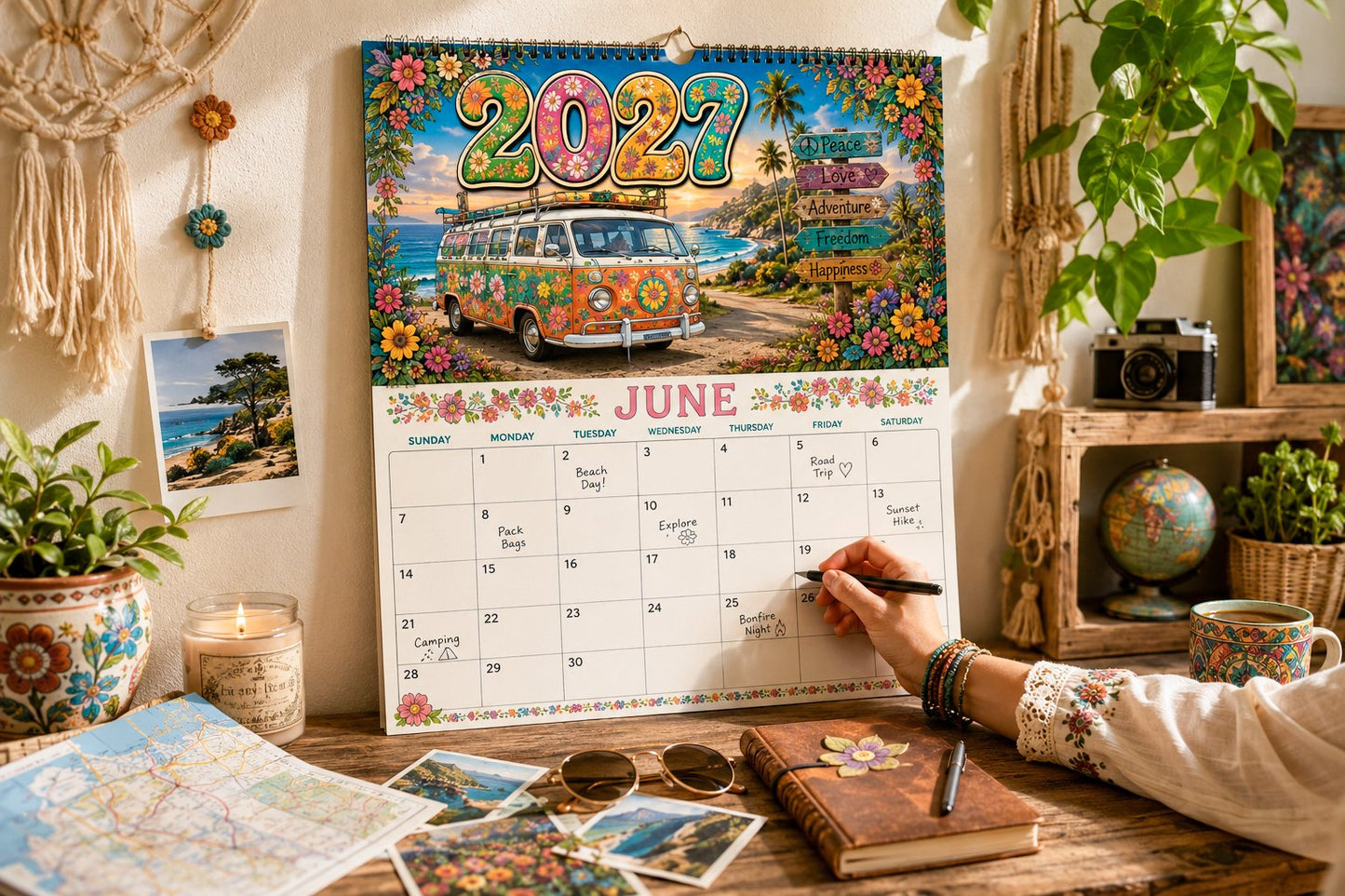 🌼2027 Hippie Boho Wall Calendar – Retro Road Trip Calendar📅