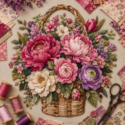 🌸Floral Basket Patchwork DIY Kit | 3D Layered Fabric Flower Art Craft for Home Decor & Gifts