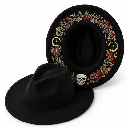 🌙 Embroidered Underbrim Wide-Brim Felt Hat – Gothic Mystic Art ✨