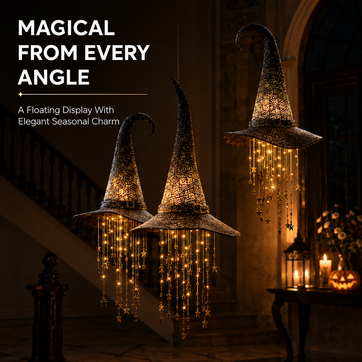 🧙‍♀️ Lighted Witch Hat Hanging Chime ✨ Battery-Powered Halloween Décor with Remote Control