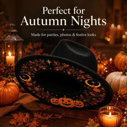 🌙 Embroidered Underbrim Wide-Brim Felt Hat – Gothic Mystic Art ✨