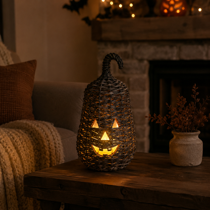 Rustic Wicker Pumpkin Candle Holder - Handwoven Jack-O’-Lantern Halloween Porch Decor