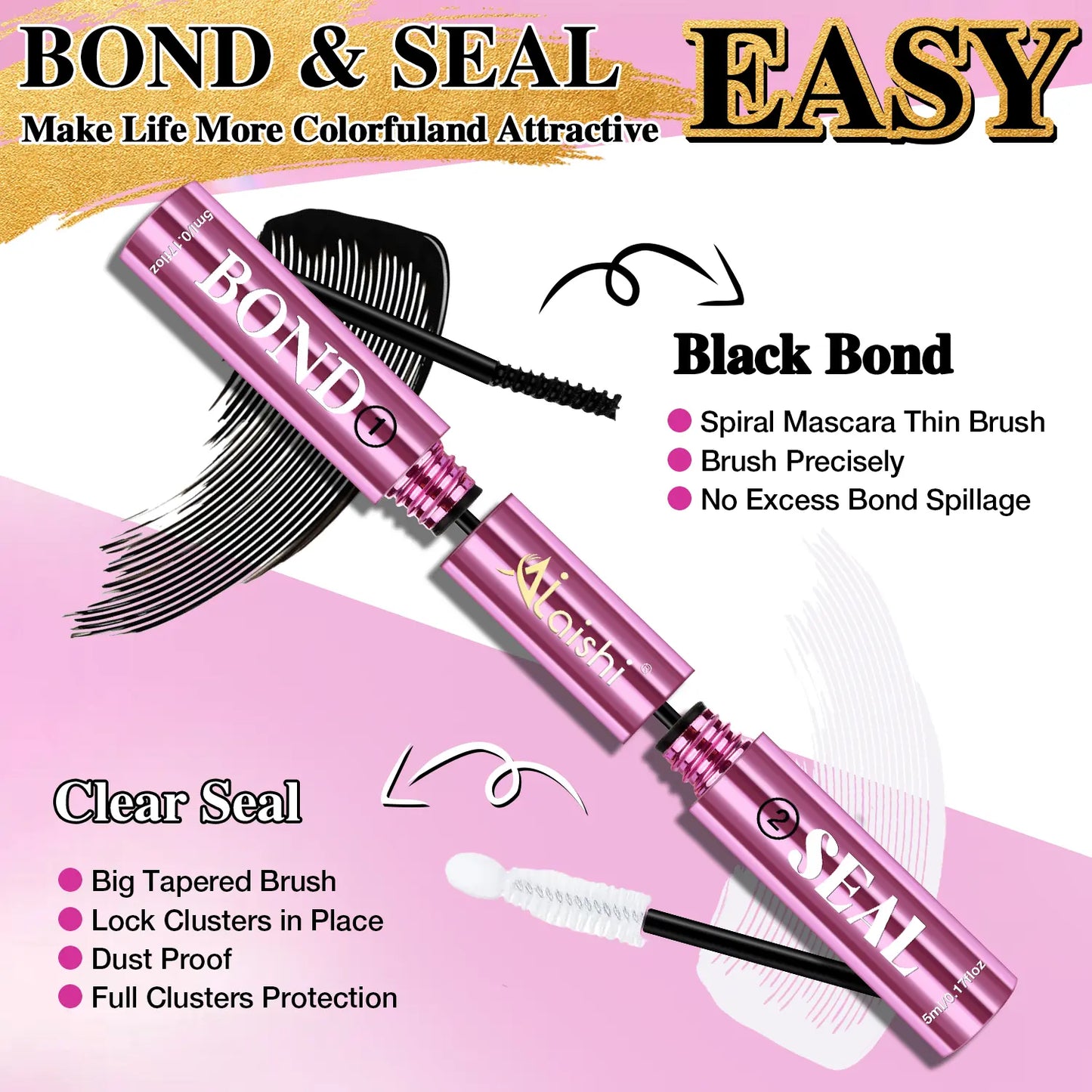 AlLAlSHI 2-in-1 Bond & Seal Cosmetic Eyelash Adhesive, Black/White Waterproof Gentle Lightweight Long-Lasting Strong Hold Glue for Individual Cluster Lashes, DIY Eyelash Extensions Beauty Product for Self-Application