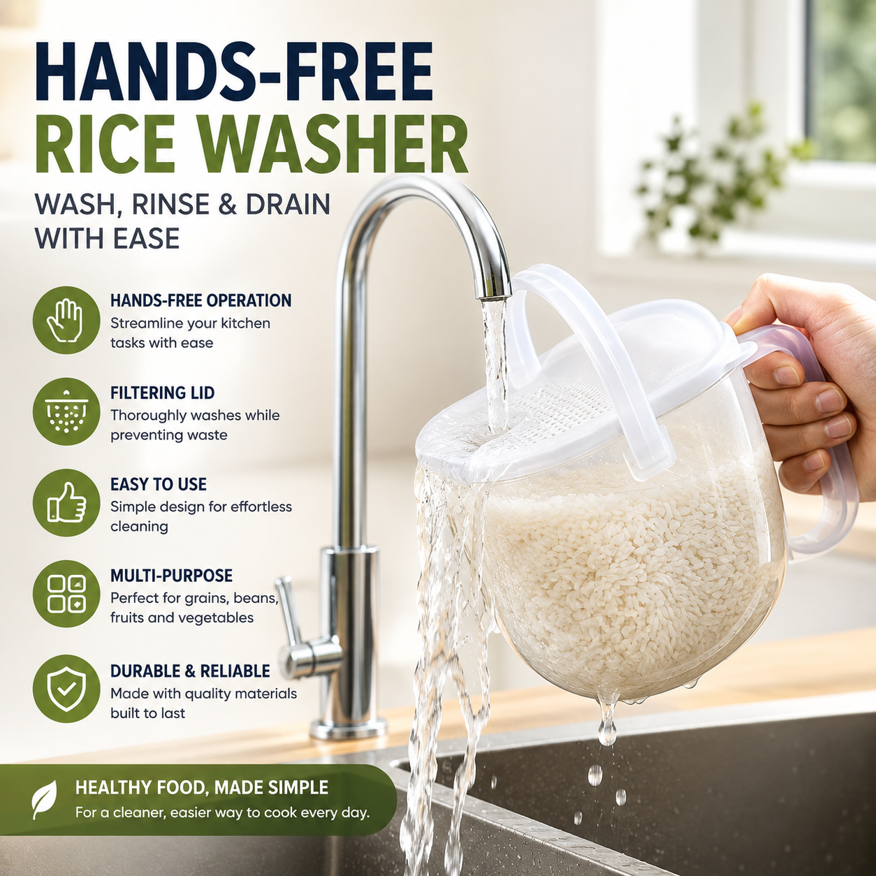 Automatic Hands-Free Rice Washing Tool Convenience Strainer with Filtering Lid Ideal for Rice Beans Fruits Vegetables Grains Kitchen Accessories Lazy Rice Cleaning Device Easy to Use Kitchen Gadget