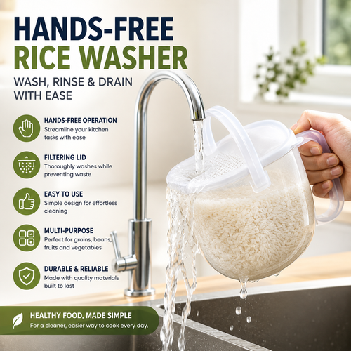 Automatic Hands-Free Rice Washing Tool Convenience Strainer with Filtering Lid Ideal for Rice Beans Fruits Vegetables Grains Kitchen Accessories Lazy Rice Cleaning Device Easy to Use Kitchen Gadget