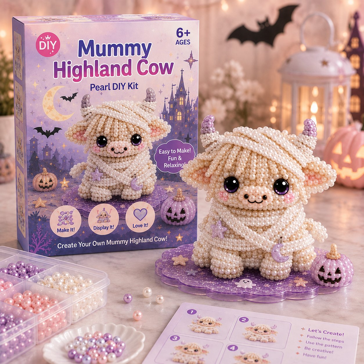 ⏳ Last Day 49% OFF – 🎃 Beginner-Friendly Halloween Highland Cow 3D Pearl Bead DIY Kit | Complete Kit with All Tools & Step-by-Step Guide Included 💕